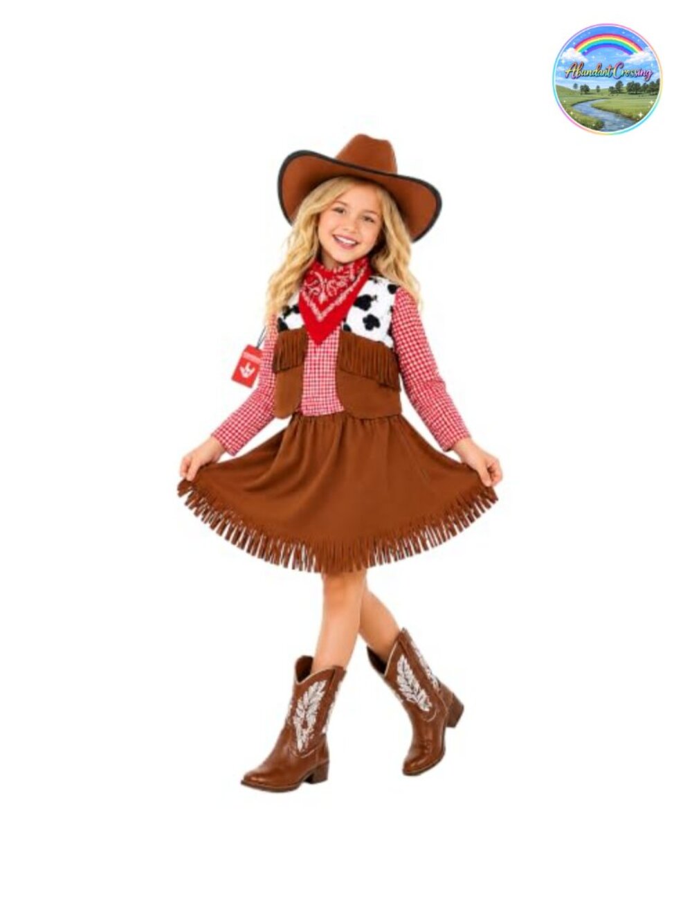 Kids Cowgirl Costume Girls Gingham Fringed Skirt Waistcoat Cowboy Hat Bandana